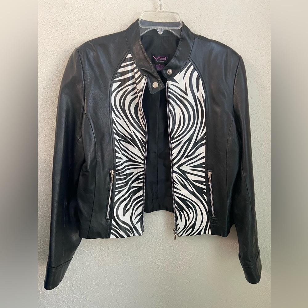 NWOT Vintage VS2 By Vakko Lambs Leather Jacket Black Zebra Panel Print Size XL